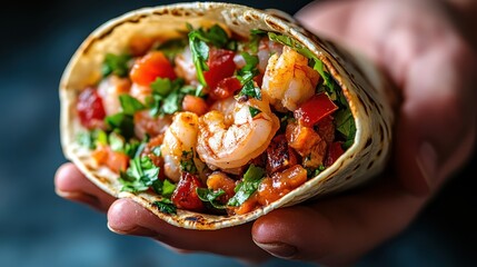 An appealing image of a hand presenting a shrimp taco filled with fresh herbs. The vibrant colors and enticing textures highlight a tasty, lively culinary creation.