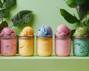 Poster - Five colorful ice cream scoops in glass jars on a green background with green leaves.