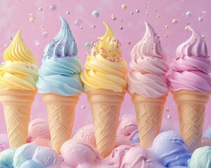 Sticker - Five pastel-colored ice cream cones with sprinkles and ice cream balls in front of a pink background.