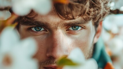 A striking close-up of a person's intense eyes amidst blurred white flowers, encapsulating a moment of contemplation and connection with nature's beauty.