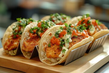 Canvas Print - Four crispy fish tacos with cilantro, salsa, and a creamy sauce, served on a wooden tray.