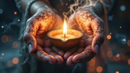 A decorative candle is held between two hands, surrounded by a mystical glow, symbolizing warmth, light, and celebration.