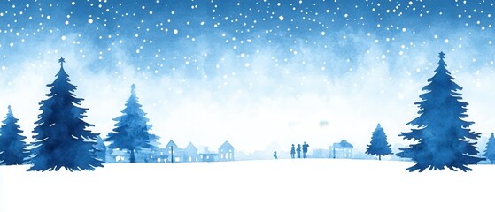 Wall Mural - Watercolor Winter Scene with Falling Snow and a Family Silhouette.