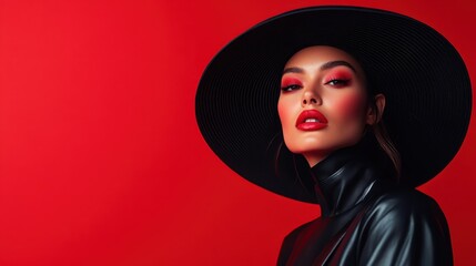 A striking portrait featuring a woman in a large black hat and leather outfit with intense red makeup, exuding elegance and confidence against a vivid red background.