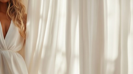 An elegant scene with a partially visible woman gracefully enveloped in flowing, white fabric seen merging with soft natural light, embodying purity and grace.