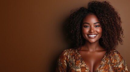 A woman with voluminous curls smiles warmly wearing a brown patterned top, expressing positivity and style in a studio setting with a neutral background.