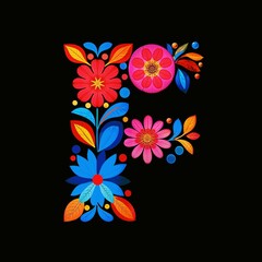 Colorful floral letter F on a black background with vibrant flowers and leaves