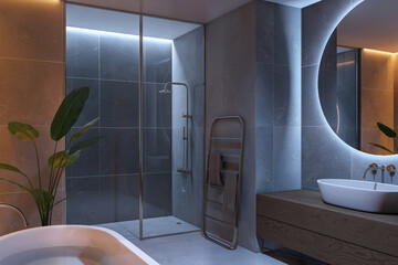 Sticker - Contemporary bathroom interior with mirror, glass shower and plant. 3D Rendering.