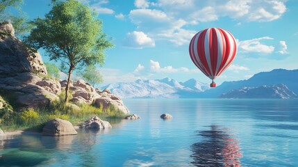 A red and white hot air balloon floats over a tranquil lake, with mountains in the background and a single tree on the lakeshore.