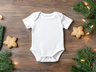 Blank baby onesie with holiday decorations, wood background