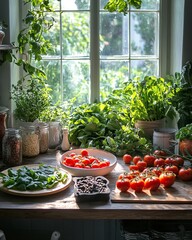 Wall Mural - Fresh produce and ingredients on a kitchen counter with a window in the background.