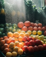 Wall Mural - Fresh produce at a market, bathed in sunlight and mist.