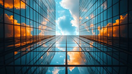 Glass buildings with window reflections set against a cloudy blue sky landscape.