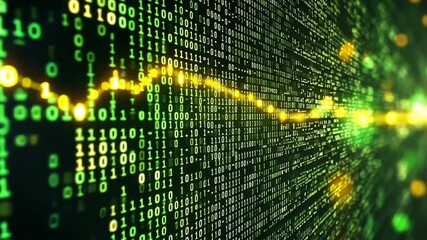 A close-up of a screen filled with green binary code, illuminated by a yellow line of data