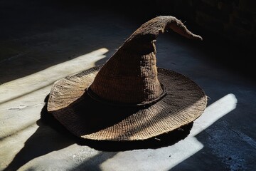 Wall Mural - A weathered woven hat with a pointed crown