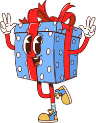 Poster - Cartoon groovy christmas gift box character. Merry Xmas present isolated cartoon cute personage. Happy Christmas or New Year celebration blue gift box groovy vector character or cheerful mascot
