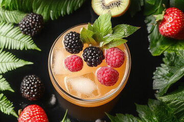 Vibrant Cocktail Garnished With Fresh Fruits Resting On A Bed Of Ice Cubes, Captured In A Tropical Setting That Adds To The Lively Ice Cubes Background