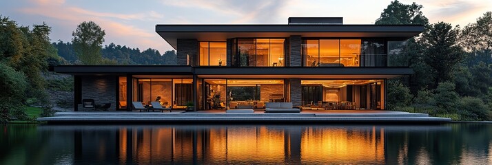 A modern large house features a patio and dock by tranquil waters.