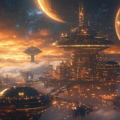 Canvas Print - Futuristic city in the clouds with two planets in the sky.