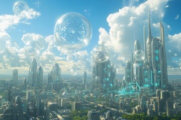 Canvas Print - Futuristic cityscape with floating orbs and blue sky.