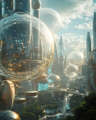 Canvas Print - Futuristic cityscape with giant transparent orbs reflecting the city.