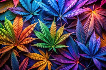 A striking array of colorful cannabis leaf silhouettes forms psychedelic visuals, combining bold hues and dynamic patterns. An artistic representation that stimulates creativity and imagination.