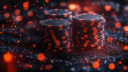 Stacks of black and orange poker chips with glowing embers background