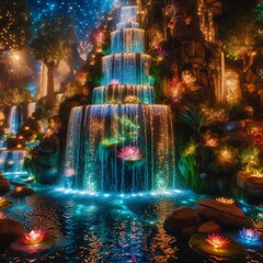 Enchanted waterfall with glowing water and sparkling lights