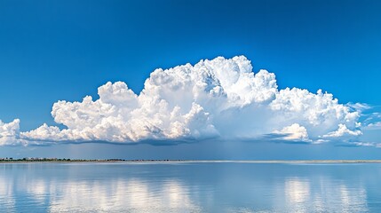 Wall Mural - A large, white cumulus cloud hangs over a still, blue lake with a strip of land in the distance.