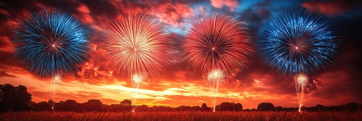 Red, white, and blue fireworks light up the night sky vividly.