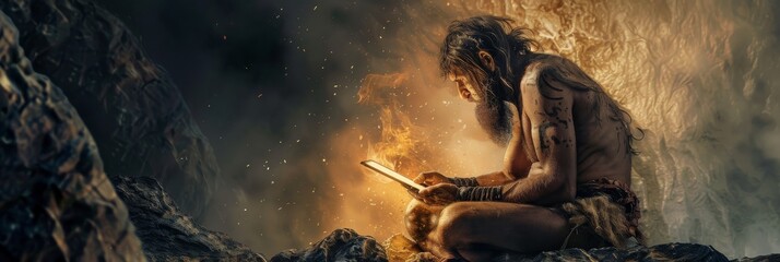 Ancient Stone Age Programmer, Prehistoric Programming, Neanderthal Man Working