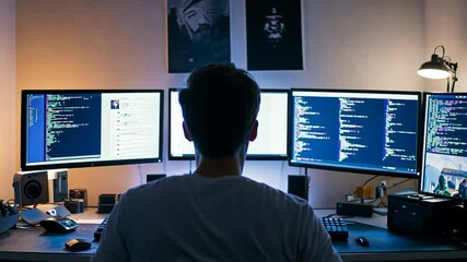 A programmer works late at night, surrounded by computer screens filled with code