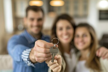 Homeowners. Happy young Caucasian family spouses standing indoors holding car house flat apartment keys, celebrating new purchase buying real estate. Mortgage loan. New home. Mother, father and child