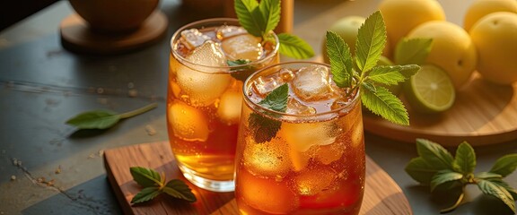 Two glasses of iced tea with mint leaves on top. A plate of lemons and limes