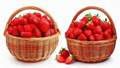 two wicker baskets filled with fresh ripe strawberries isolated on a white background, highlighting vibrant red fruit and natural woven baskets for a concept of harvest and abundance