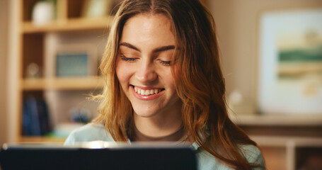 Aufkleber - Tablet, smile and woman on couch with streaming, search or watching video website in living room. Social media, relax and happy girl on sofa with digital app, virtual connection or fun meme in home