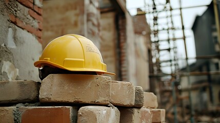 Yellow Safety Helmet Resting on Brick Pile Construction Site.