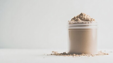 Protein Powder Scoop: A close-up of a brown protein powder scoop, spilling out of a clear container, and resting on a white surface, ready to be mixed into a shake or smoothie.  