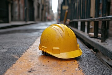 Yellow Safety Helmet on Wet Construction Site Surface