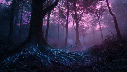 A dense forest at twilight, with tree roots and branches glowing faintly with a bioluminescent light