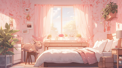 Illustration of a feminine pink teenage girl's room interior