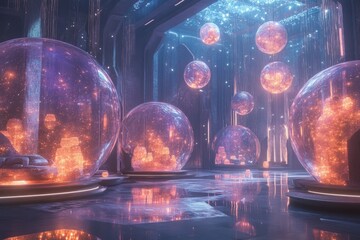 Poster - Futuristic room with glowing spheres.