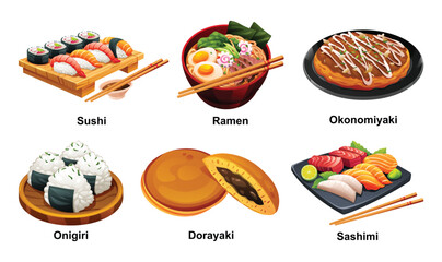 Traditional Japanese foods like sushi, ramen, onigiri, and sashimi. Vector cartoon illustration