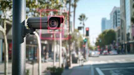 Fototapete - City surveillance camera with computer vision that recognizes objects and faces to identify threats and intelligent traffic control