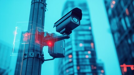 Fototapete - City surveillance camera with computer vision that recognizes objects and faces to identify threats and intelligent traffic control