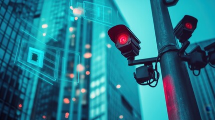 Fototapete - City surveillance camera with computer vision that recognizes objects and faces to identify threats and intelligent traffic control