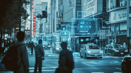 Fototapete - City monitoring with computer vision system recognizing objects and faces to identify threats and intelligently control traffic