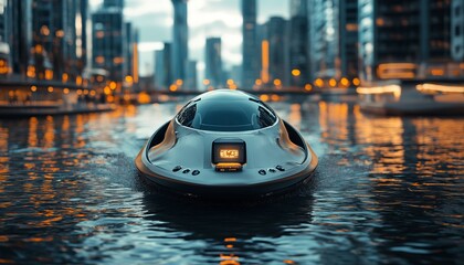 Canvas Print - Futuristic watercraft speeding on city canal at sunset.