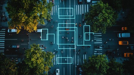 Fototapete - City monitoring with computer vision system recognizing objects and faces to identify threats and intelligently control traffic