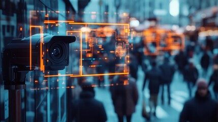 Fototapete - City surveillance camera with computer vision that recognizes objects and faces to identify threats and intelligent traffic control